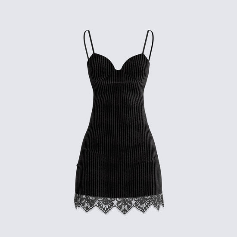 FINESSE U.S. "Yira" Little Black Dress with Velvet & Sheer pinstripe & Lace Trim